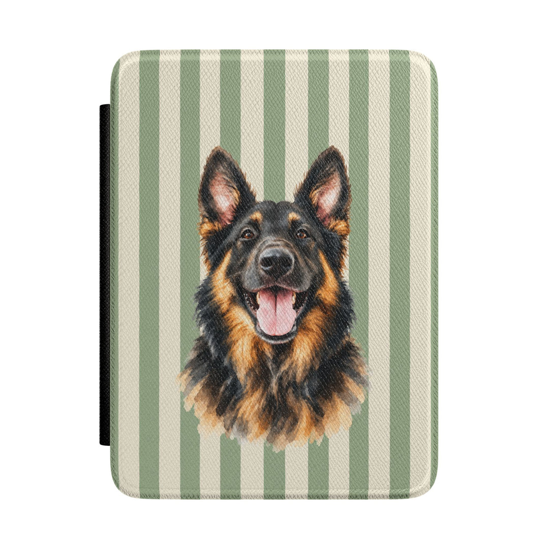 Custom Watercolor Dog Kindle Case, Sage Green Cream Stripes, Personalized Pet Photo Cover, 7 Inch Paperwhite Colorsoft