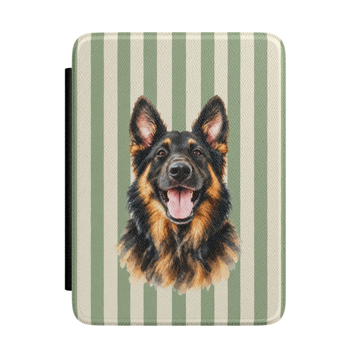 Custom Watercolor Dog Kindle Case, Sage Green Cream Stripes, Personalized Pet Photo Cover, 7 Inch Paperwhite Colorsoft