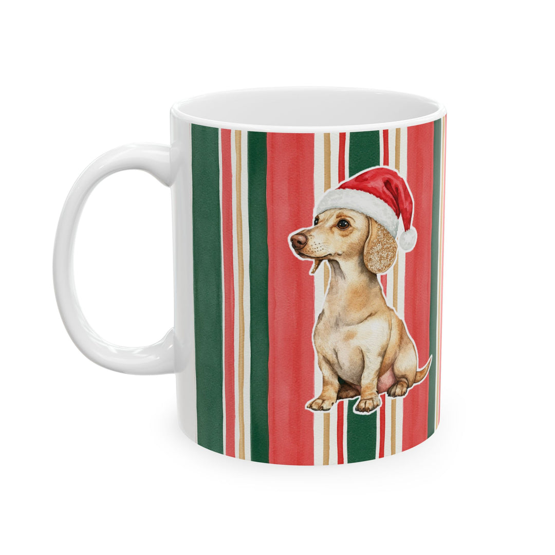 Dachshund Christmas Mug, Classic Christmas Stripes, 11oz White Ceramic