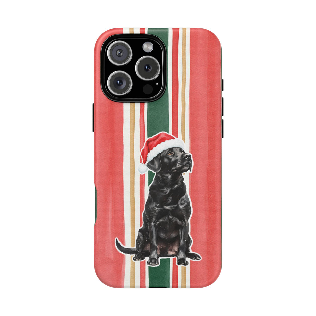 Black Labrador Christmas Tough iPhone Case, Classic Red Green Stripes, Santa Dog Phone Cover