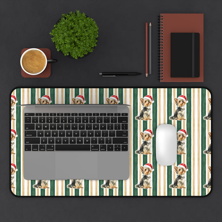 Yorkshire Terrier Christmas Desk Mat, Green Gold Stripes, Santa Dog Desk Pad