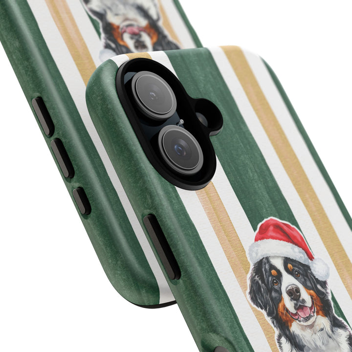 Bernese Mountain Dog Christmas Tough iPhone Case, Green Gold Stripes, Santa Dog Phone Cover