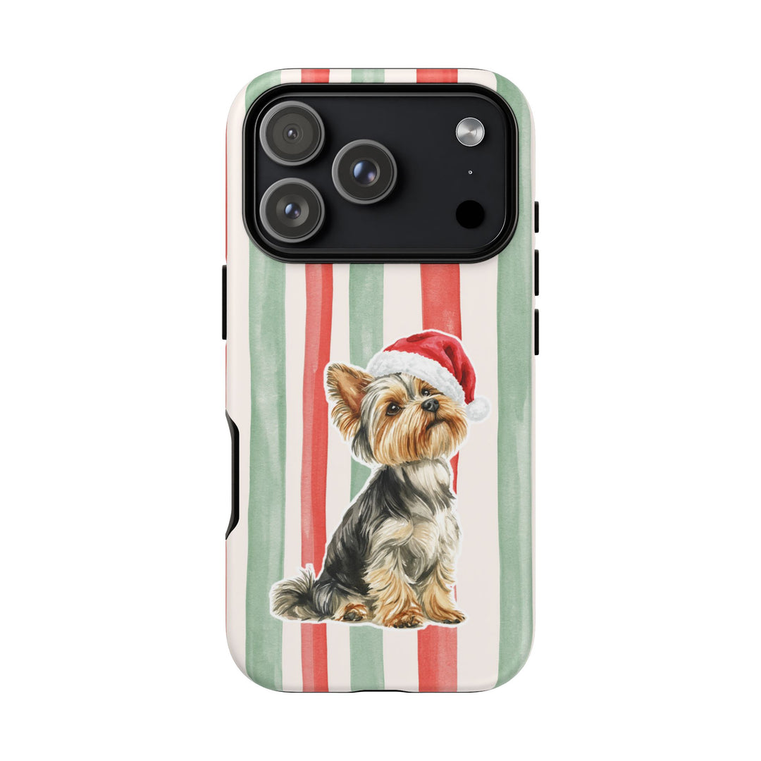 Yorkshire Terrier Christmas Tough iPhone Case, Red Sage Stripes, Santa Dog Phone Cover