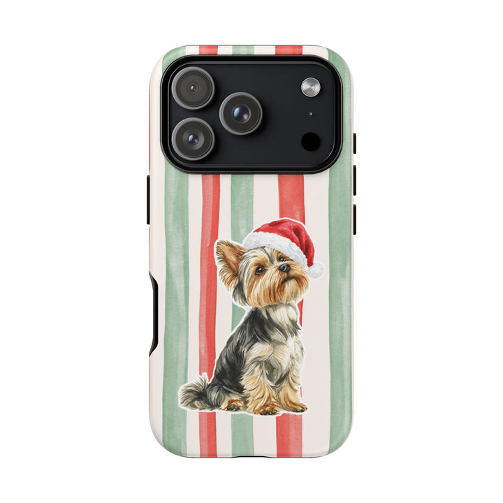 Yorkshire Terrier Christmas Tough iPhone Case, Red Sage Stripes, Santa Dog Phone Cover