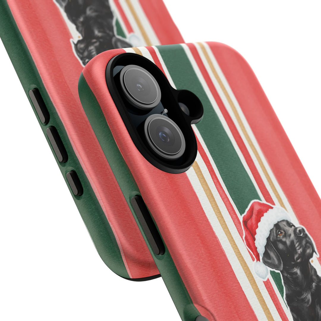 Black Labrador Christmas Tough iPhone Case, Classic Red Green Stripes, Santa Dog Phone Cover