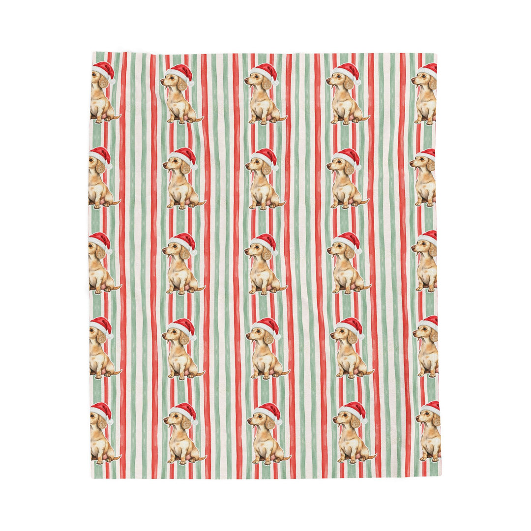 Dachshund Christmas Velveteen Plush Blanket, Red Sage Stripes, Santa Dog Throw