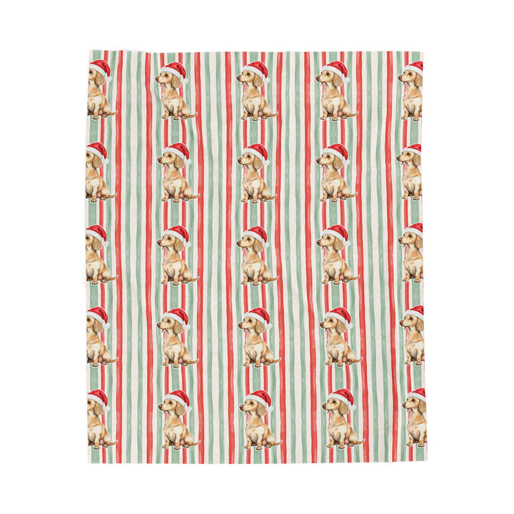 Dachshund Christmas Velveteen Plush Blanket, Red Sage Stripes, Santa Dog Throw