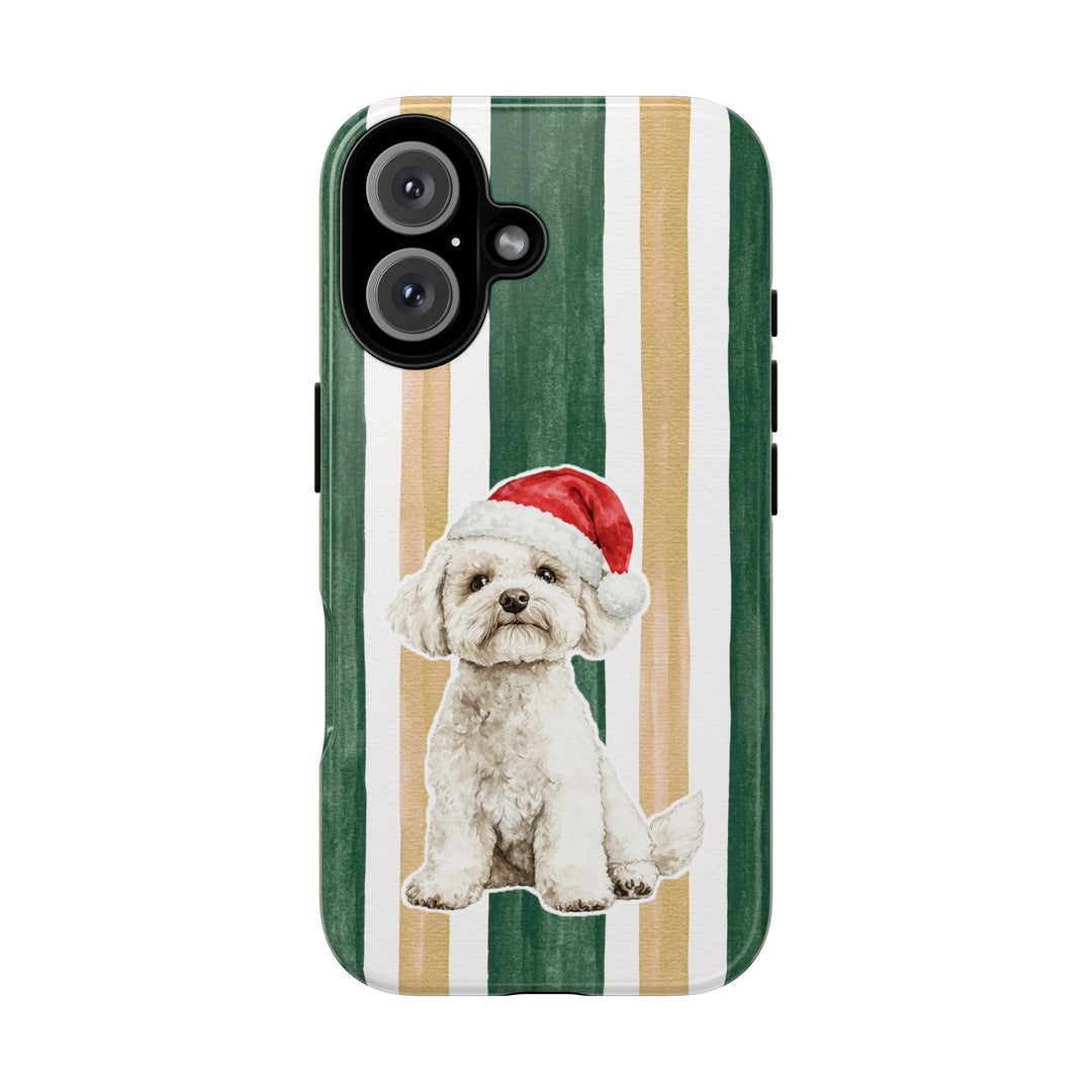 Maltese Christmas Tough iPhone Case, Green Gold Stripes, Santa Dog Phone Cover