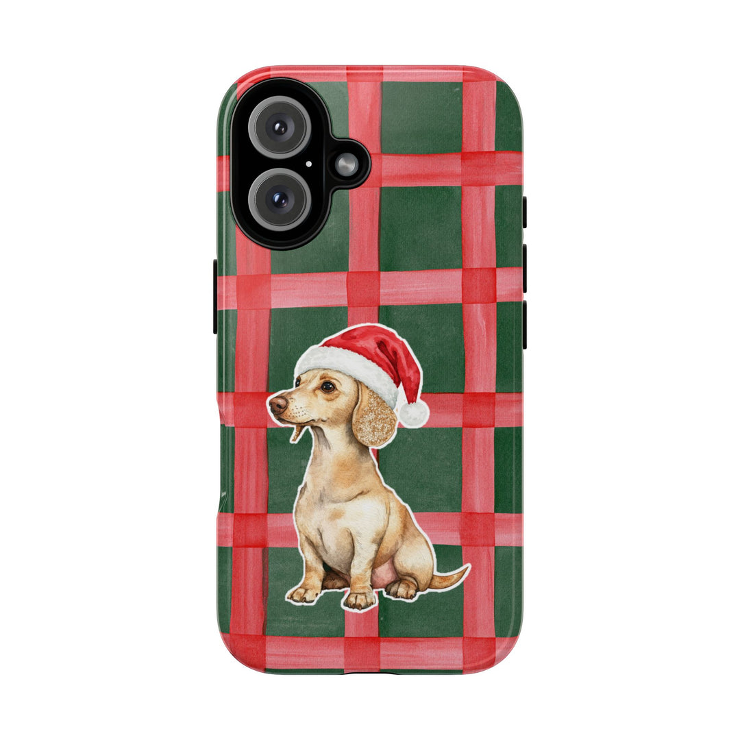 Dachshund Christmas Tough iPhone Case, Red Green Plaid, Santa Dog Phone Cover