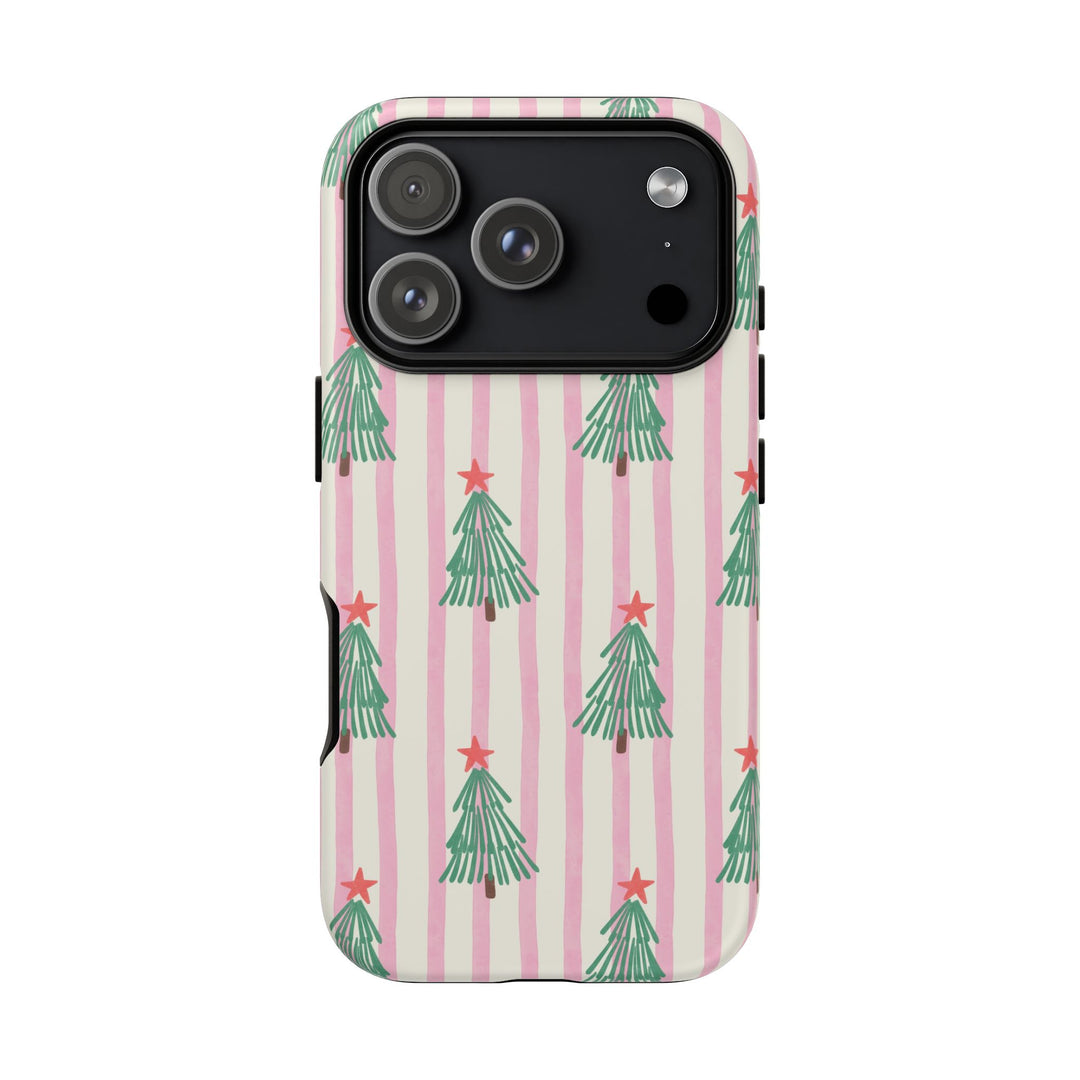 Retro Christmas Tree Tough iPhone Case, Pink Stripe Green Tree Holiday Phone Cover, Matte or Glossy