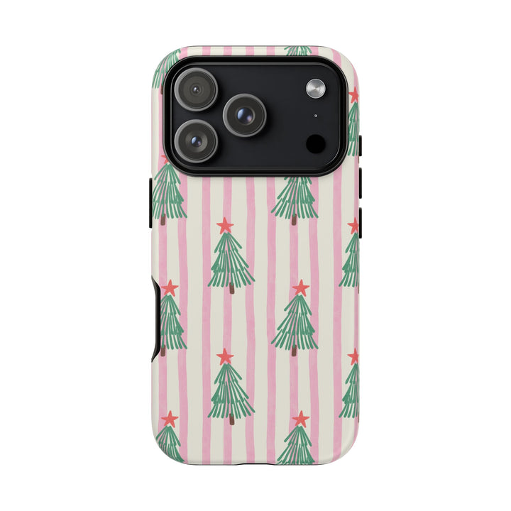 Retro Christmas Tree Tough iPhone Case, Pink Stripe Green Tree Holiday Phone Cover, Matte or Glossy