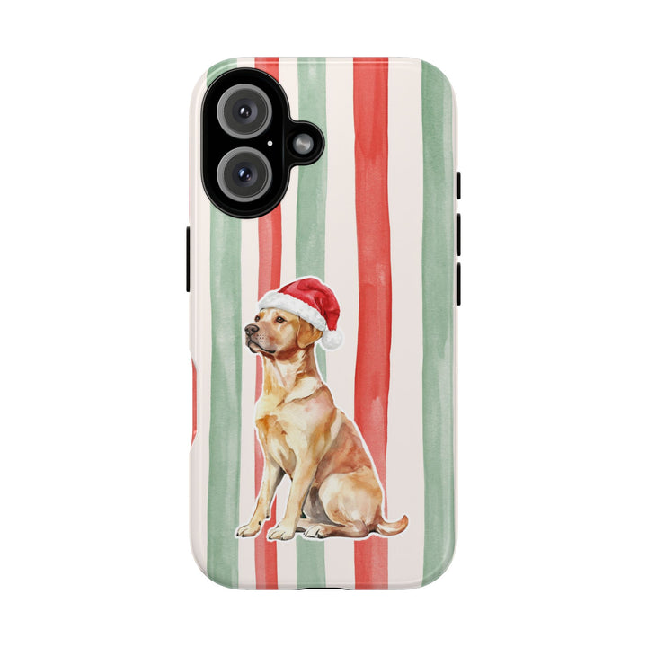 Yellow Labrador Christmas Tough iPhone Case, Red Sage Stripes, Santa Dog Phone Cover