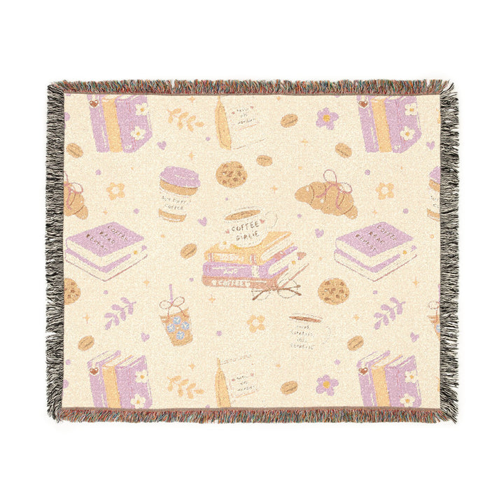 Coffee and Books Woven Blanket, Pastel Pink Cotton Throw, Cozy Book Lover Gift