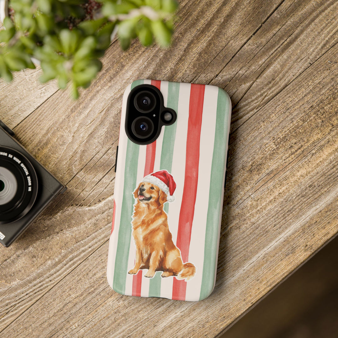 Golden Retriever Christmas Tough iPhone Case, Red Sage Stripes, Santa Dog Phone Cover