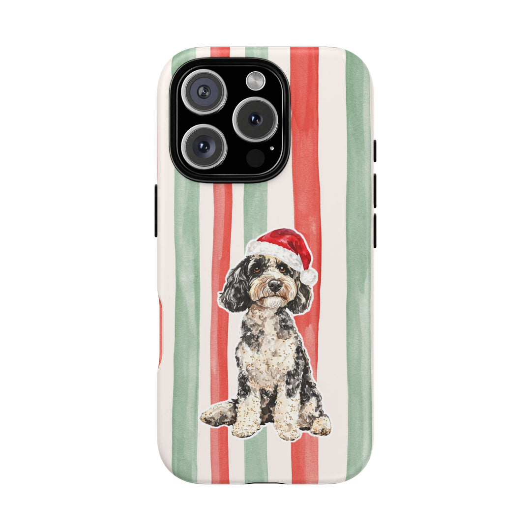 Doodle Christmas Tough iPhone Case, Red Sage Stripes, Santa Dog Phone Cover