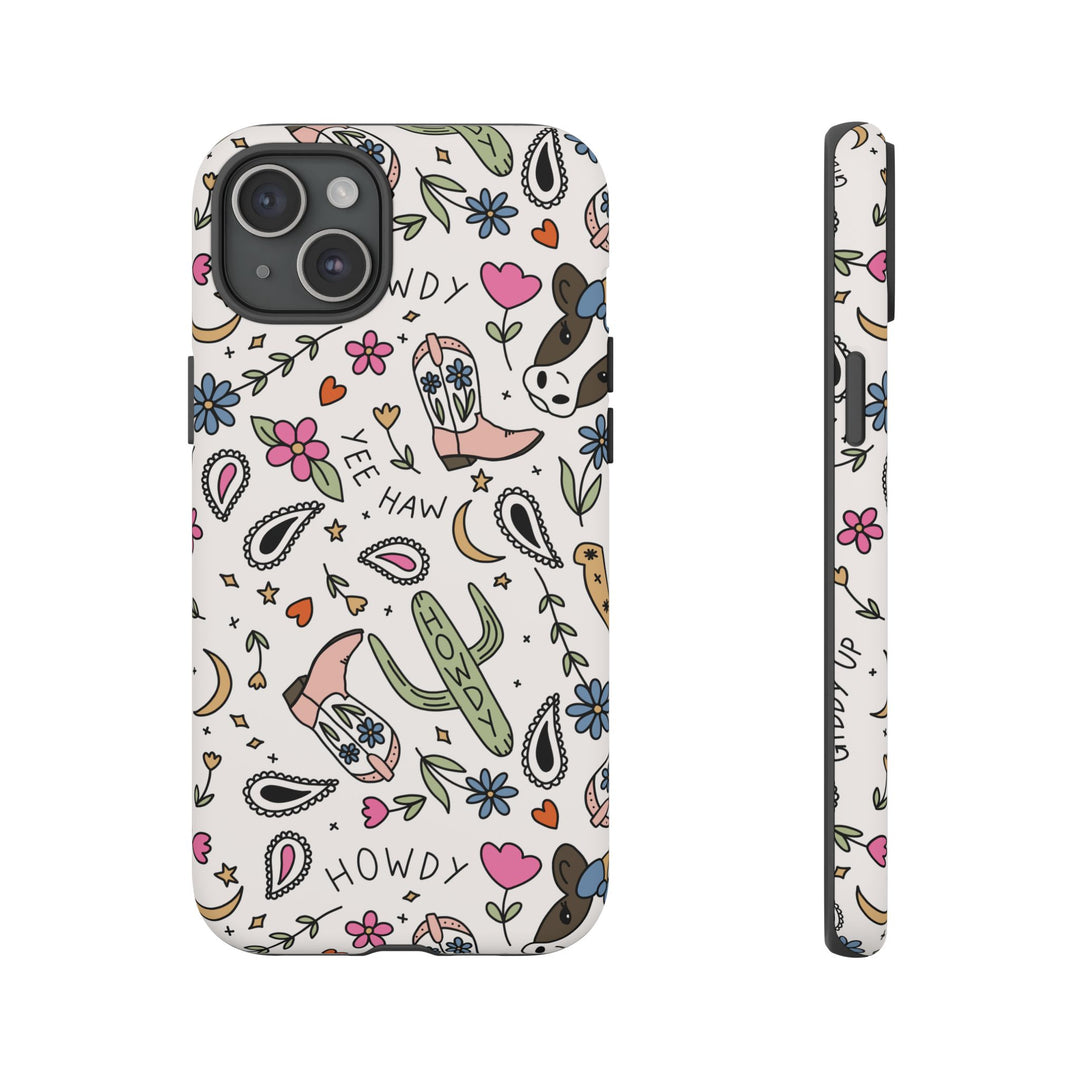 Western Cowgirl Tough iPhone Case, Pink Cowboy Boots and Howdy Phone Cover, Matte or Glossy