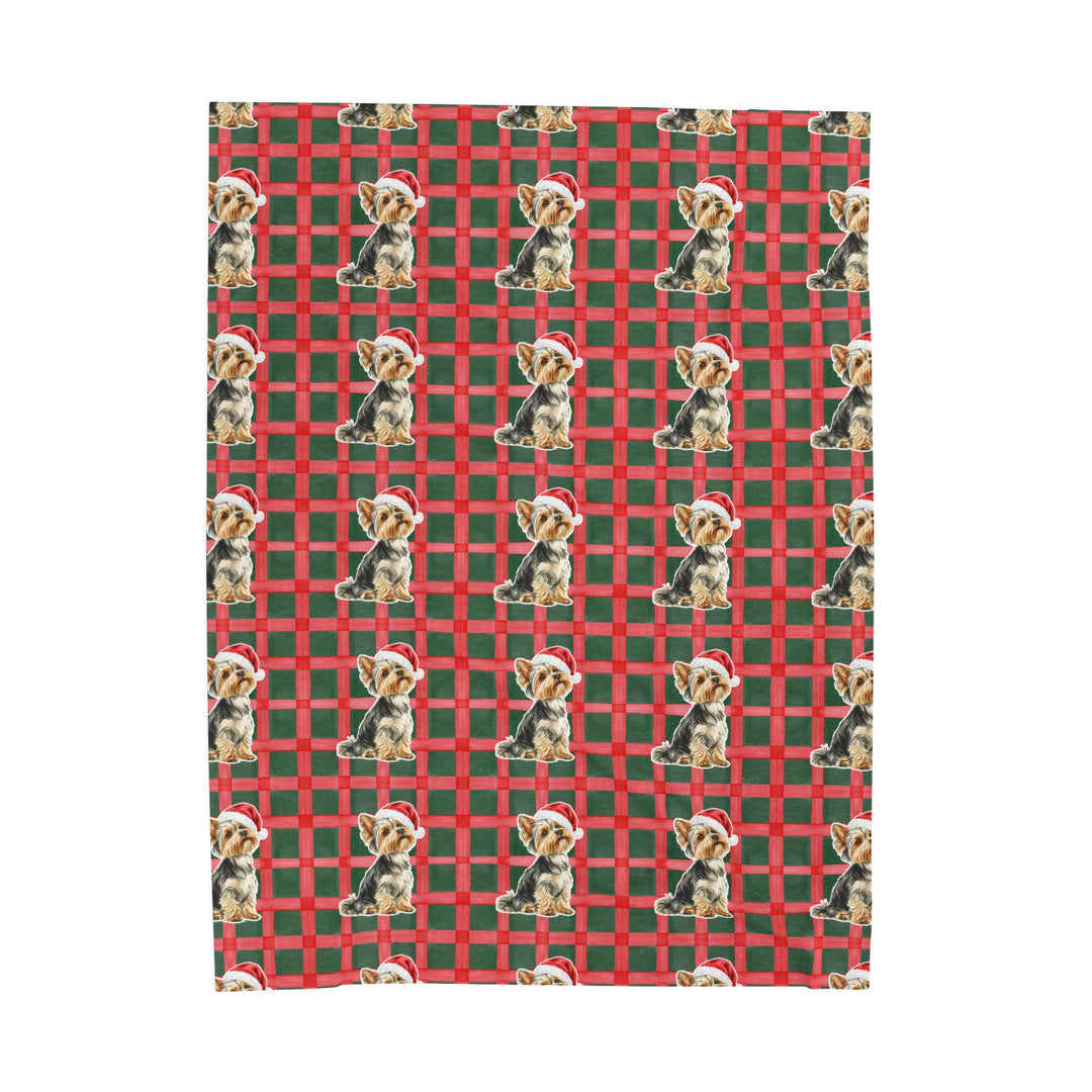Yorkshire Terrier Christmas Velveteen Plush Blanket, Red Green Plaid, Santa Dog Throw