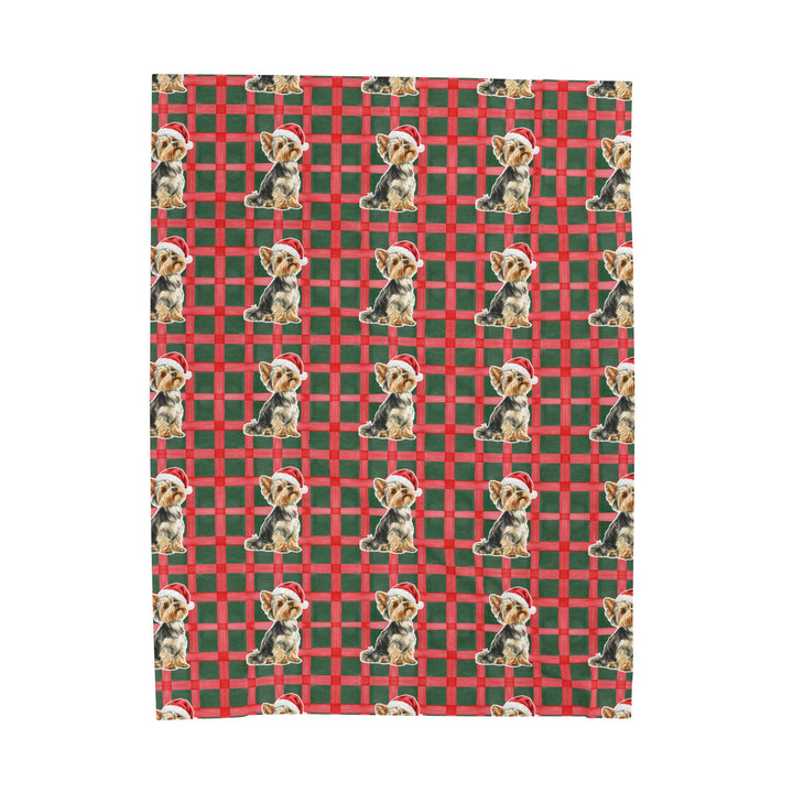Yorkshire Terrier Christmas Velveteen Plush Blanket, Red Green Plaid, Santa Dog Throw