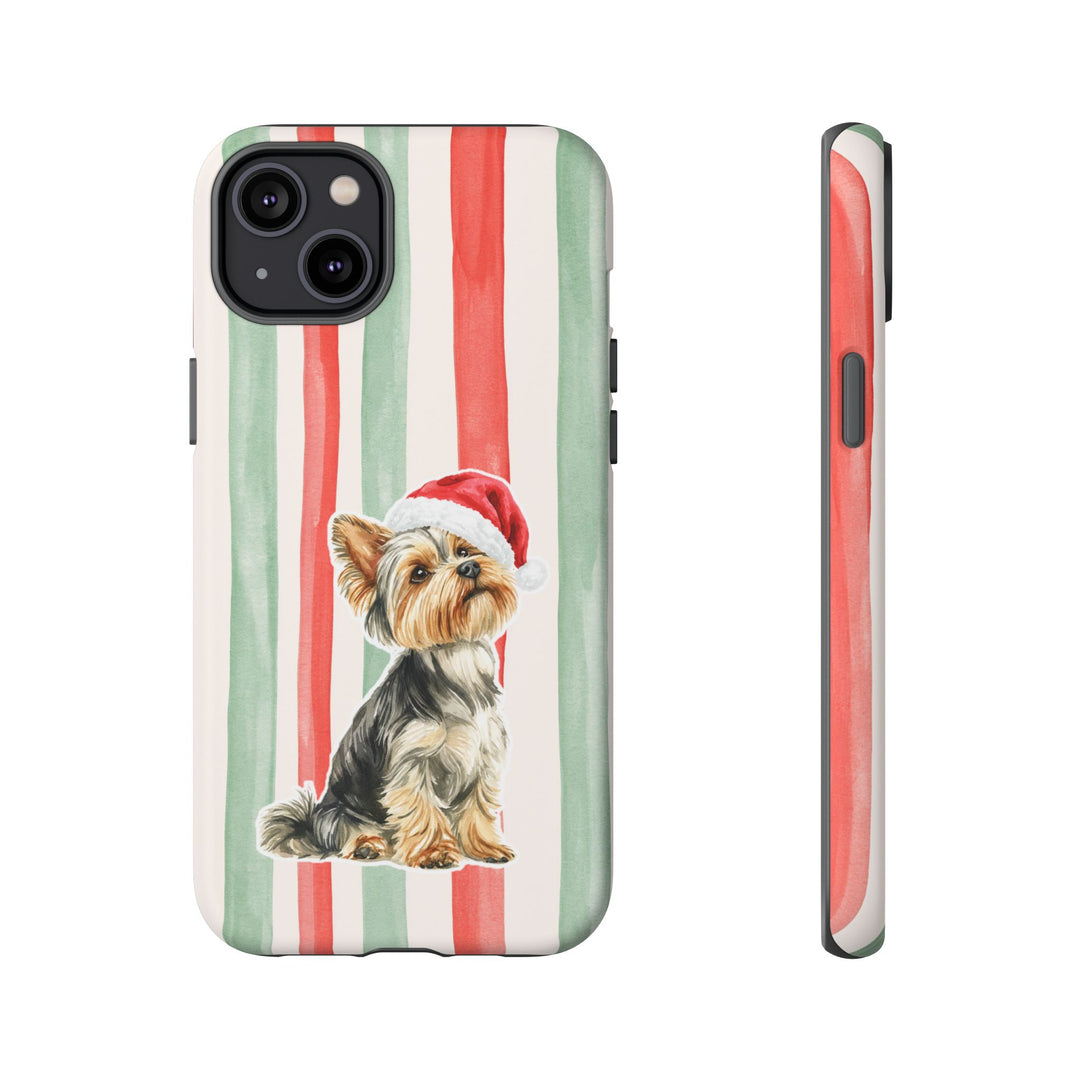 Yorkshire Terrier Christmas Tough iPhone Case, Red Sage Stripes, Santa Dog Phone Cover