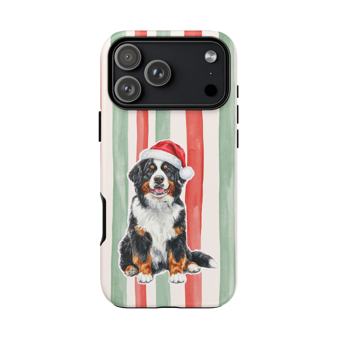 Bernese Mountain Dog Christmas Tough iPhone Case, Red Sage Stripes, Santa Dog Phone Cover