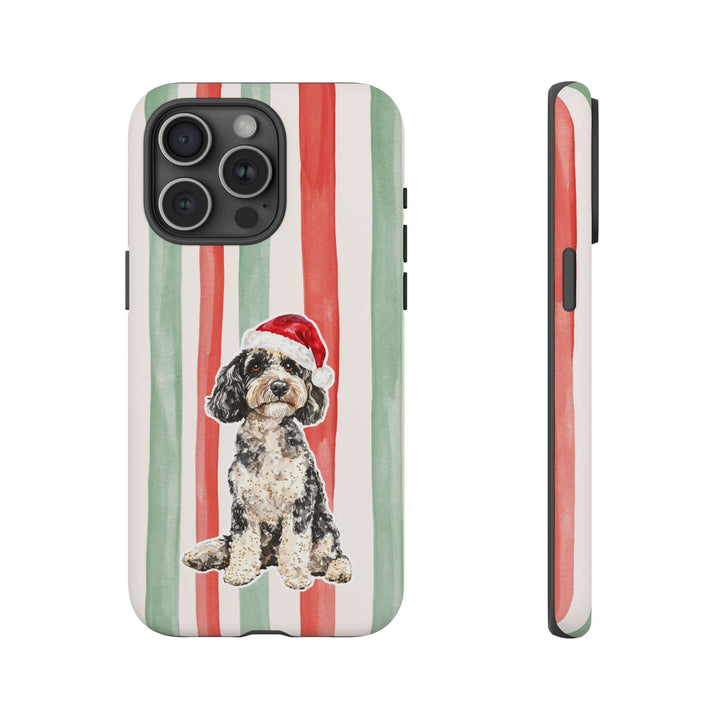 Doodle Christmas Tough iPhone Case, Red Sage Stripes, Santa Dog Phone Cover