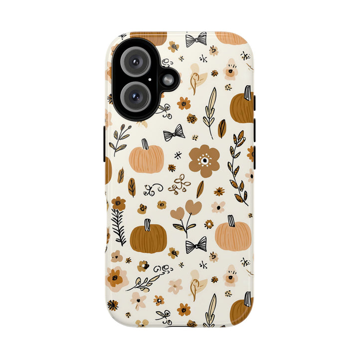 Pumpkin Floral Tough iPhone Case, Autumn Bows Phone Cover, Cream Fall Botanical Case, Matte or Glossy
