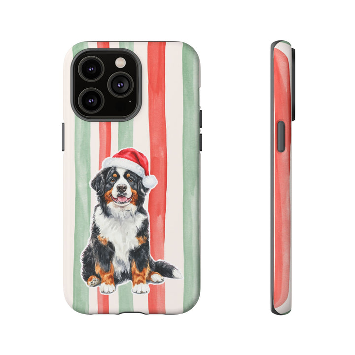 Bernese Mountain Dog Christmas Tough iPhone Case, Red Sage Stripes, Santa Dog Phone Cover