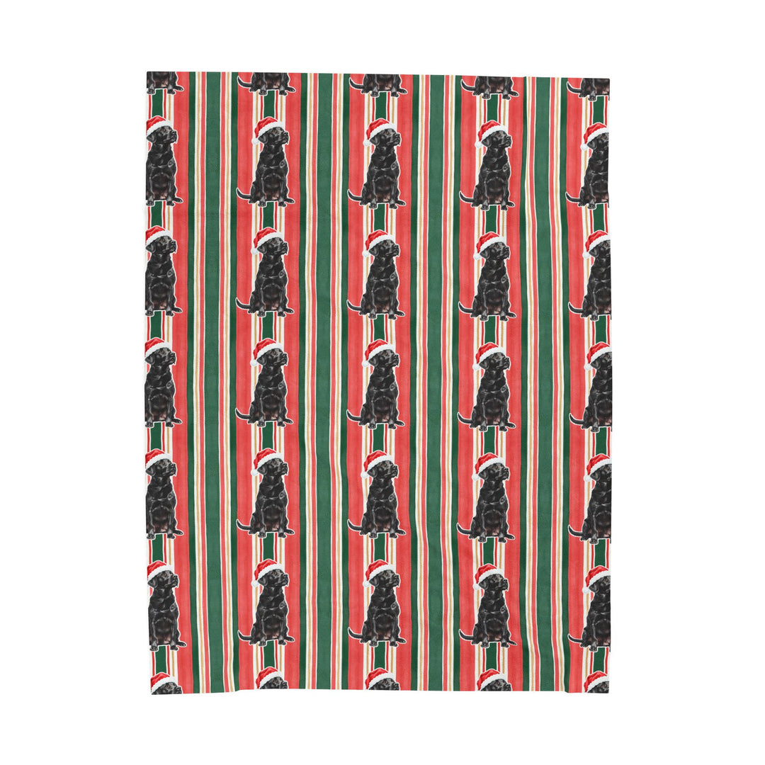 Black Labrador Christmas Velveteen Plush Blanket, Classic Red Green Stripes, Santa Dog Throw