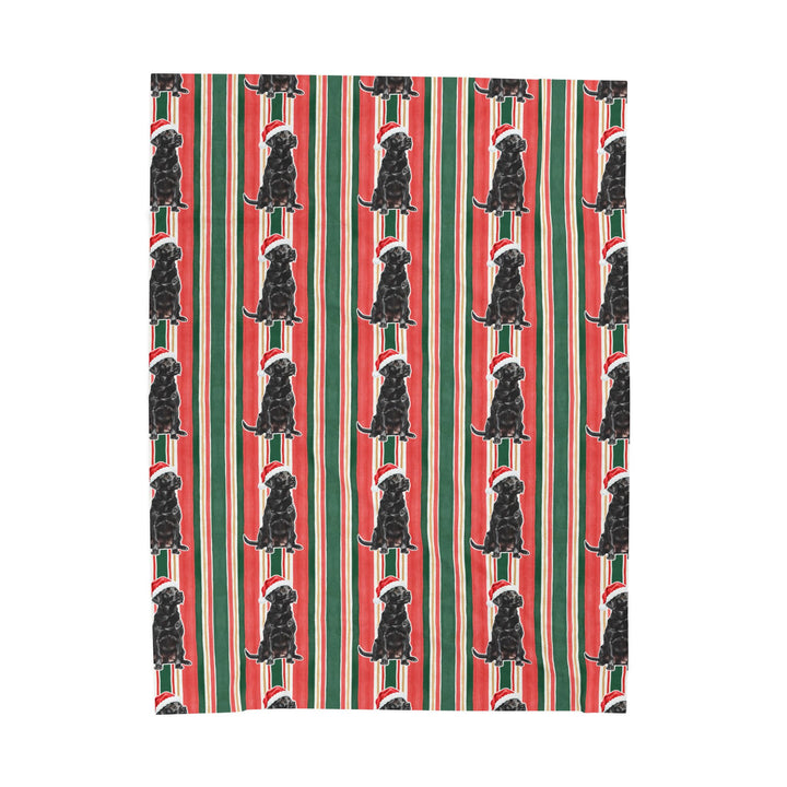Black Labrador Christmas Velveteen Plush Blanket, Classic Red Green Stripes, Santa Dog Throw