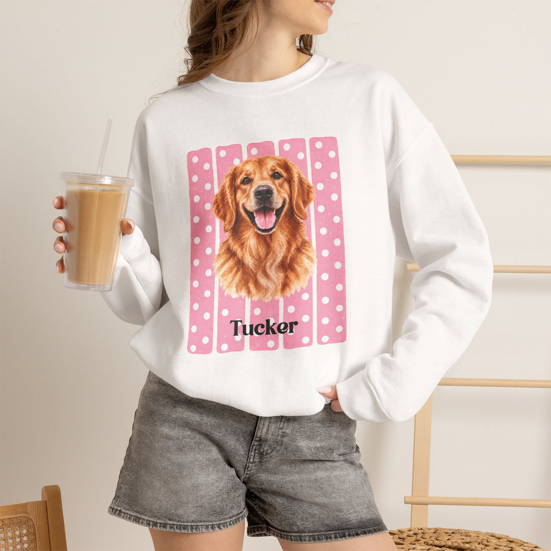 Custom Watercolor Dog Sweatshirt with Name, Pink Polka Dot Stripes