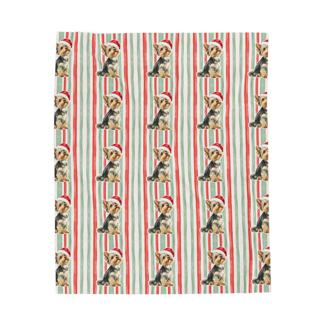 Yorkshire Terrier Christmas Velveteen Plush Blanket, Red Sage Stripes, Santa Dog Throw