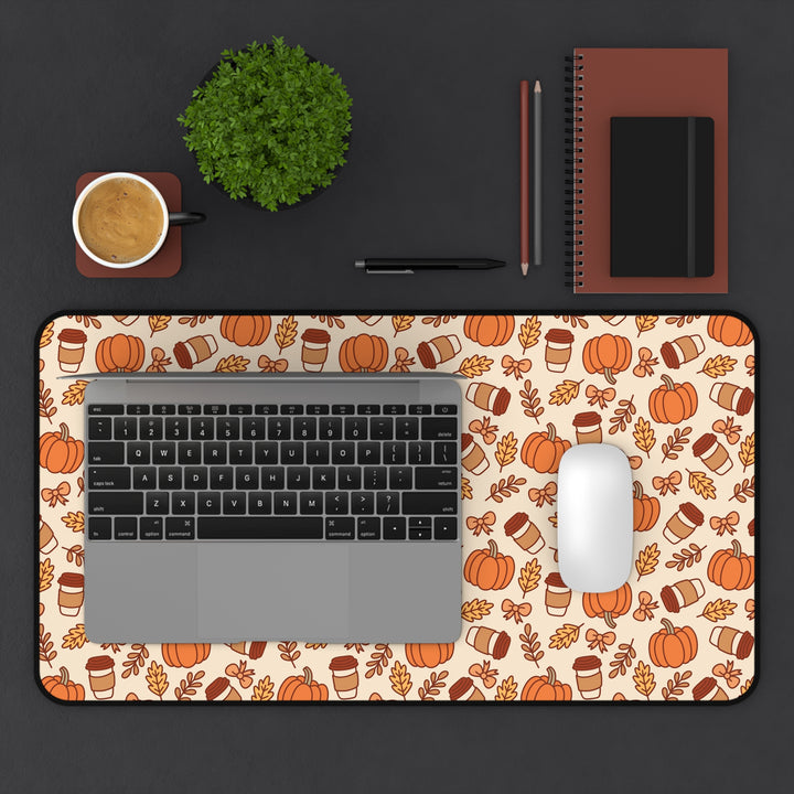 Fall Pumpkin Coffee Desk Mat, Autumn Leaves and Bows Desk Pad, Cozy Large Mouse Pad