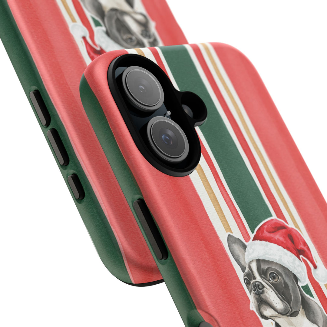 French Bulldog Christmas Tough iPhone Case, Classic Red Green Stripes, Santa Dog Phone Cover