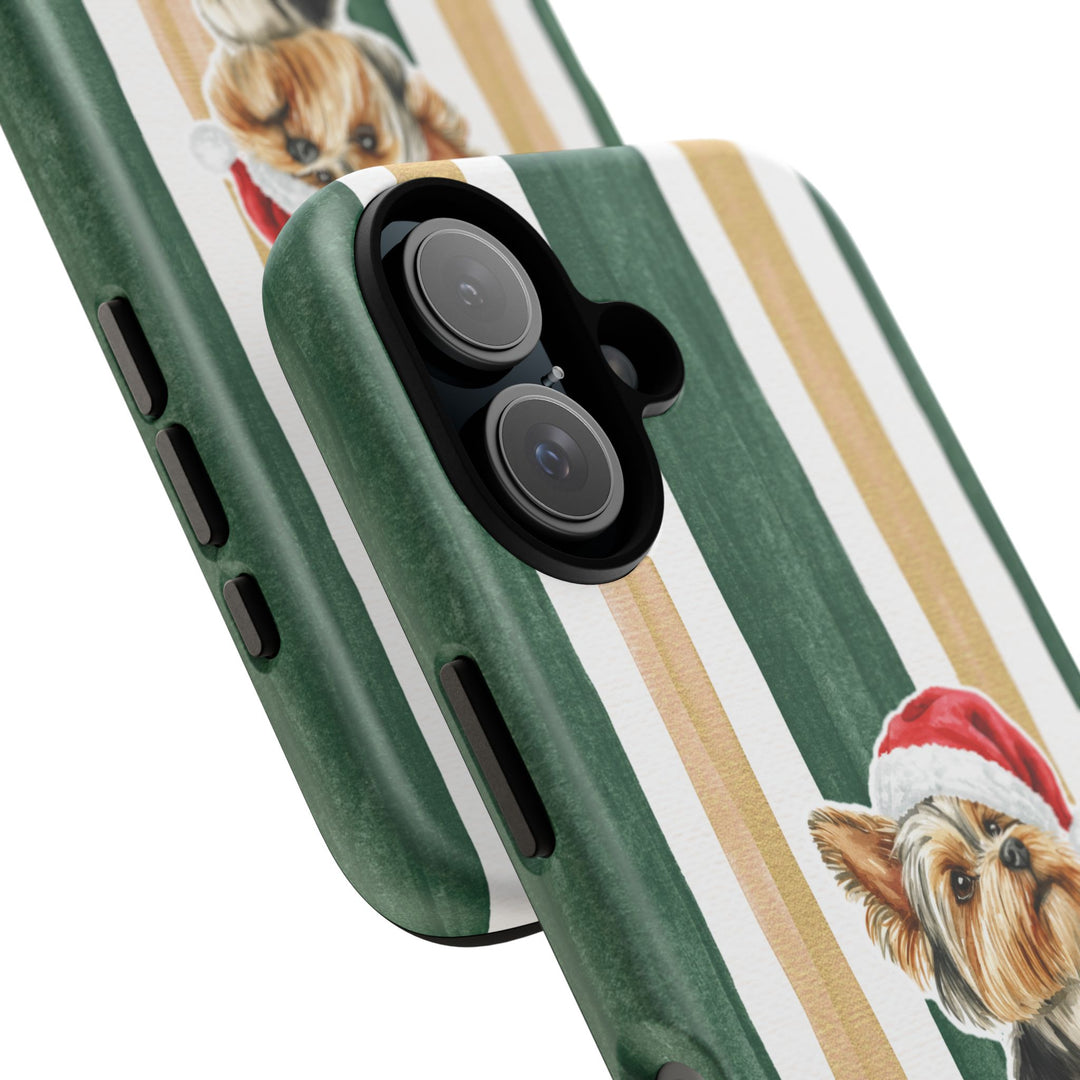 Yorkshire Terrier Christmas Tough iPhone Case, Green Gold Stripes, Santa Dog Phone Cover