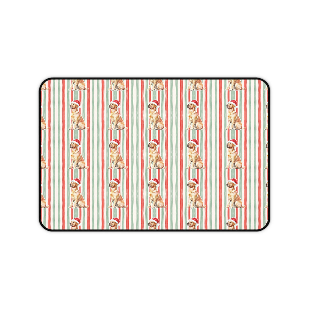 Yellow Labrador Christmas Desk Mat, Red Sage Stripes, Santa Dog Desk Pad