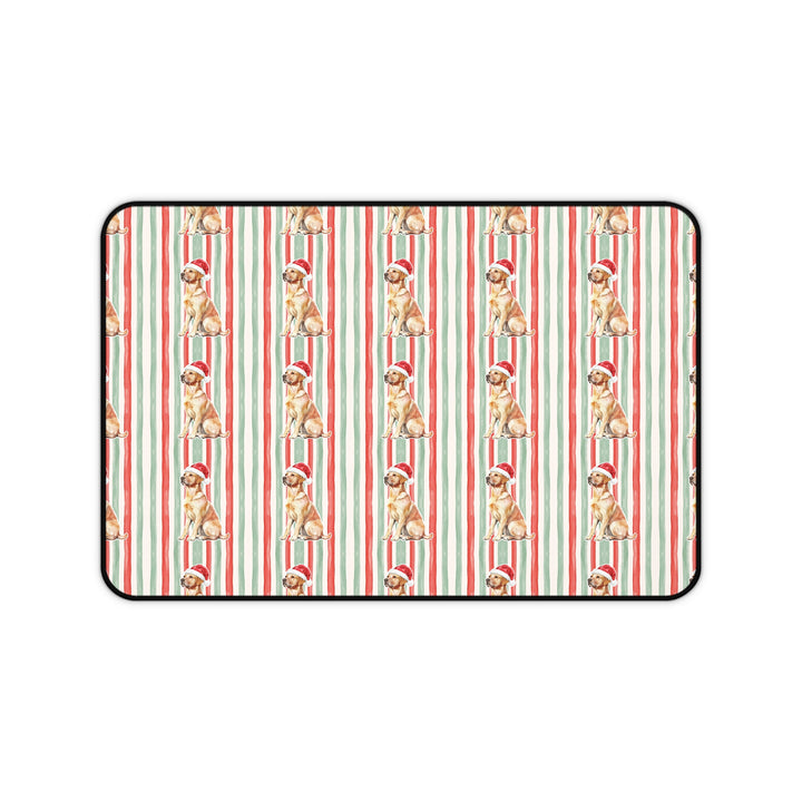 Yellow Labrador Christmas Desk Mat, Red Sage Stripes, Santa Dog Desk Pad