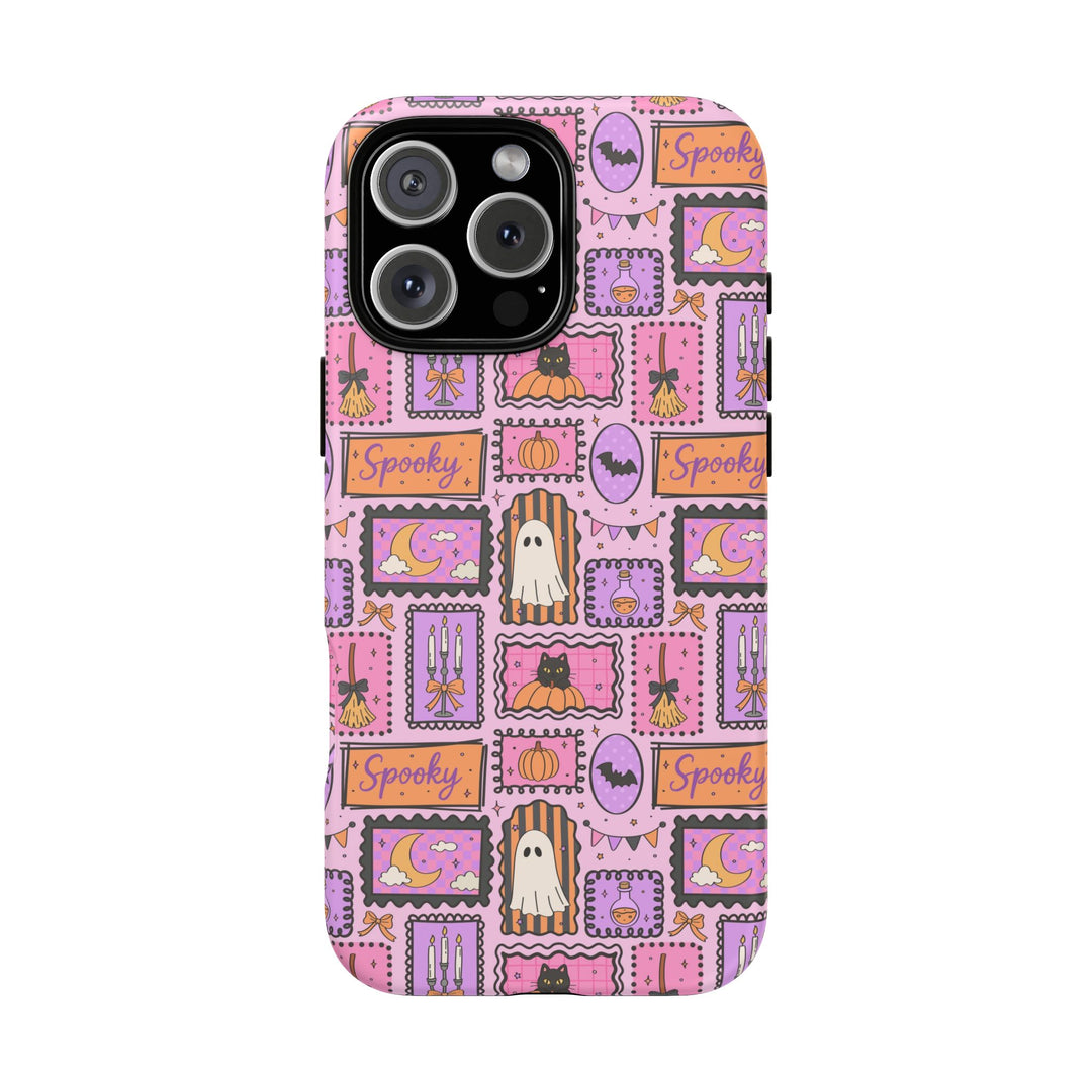 Pink Spooky Frames Tough iPhone Case, Halloween Ghost Black Cat Pumpkin Phone Cover, Matte or Glossy
