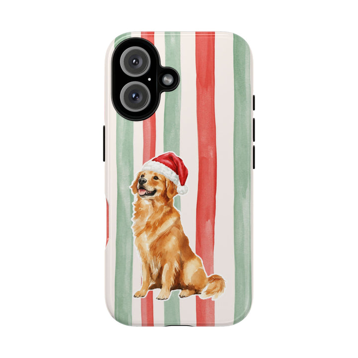 Golden Retriever Christmas Tough iPhone Case, Red Sage Stripes, Santa Dog Phone Cover
