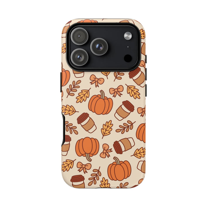 Pumpkin Coffee Tough iPhone Case, Fall Leaves and Bows Autumn Phone Cover, Matte or Glossy