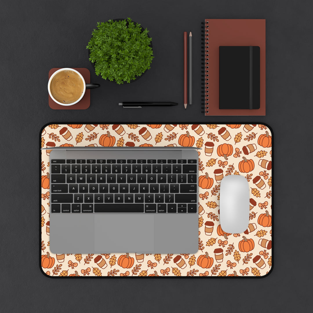 Fall Pumpkin Coffee Desk Mat, Autumn Leaves and Bows Desk Pad, Cozy Large Mouse Pad