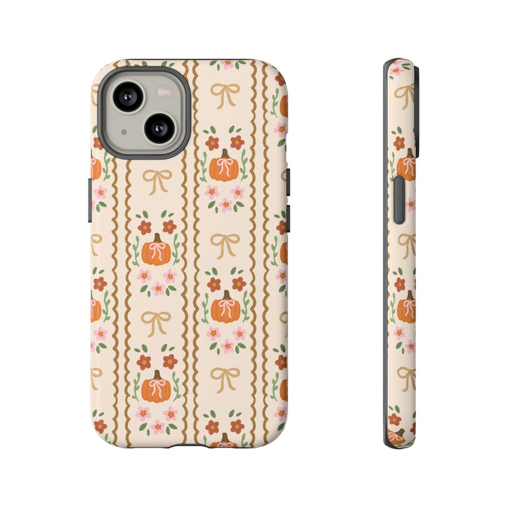 Girly Fall Pumpkin Bow Tough iPhone Case, Scalloped Floral Autumn Phone Cover, Matte or Glossy