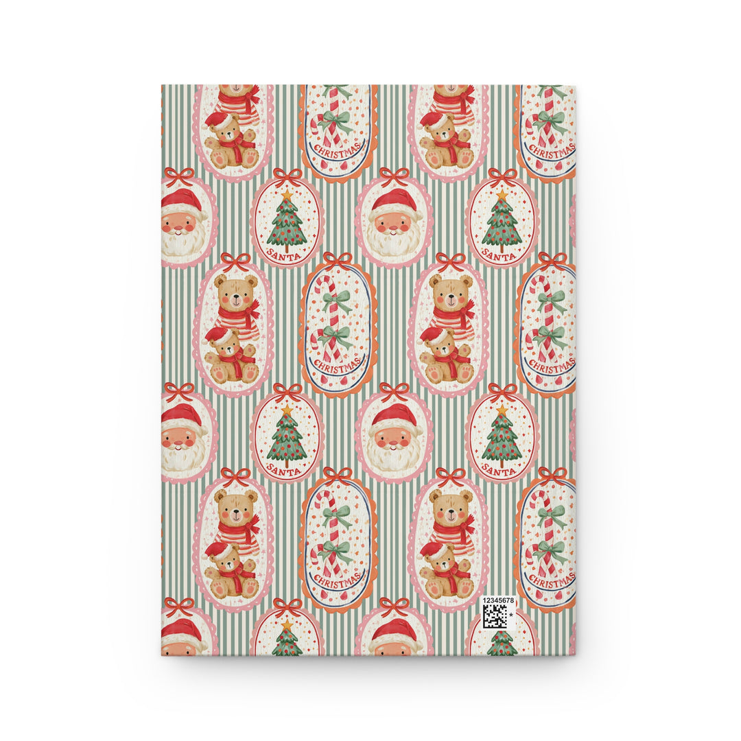 Vintage Santa and Teddy Bear Hardcover Notebook, Green Stripe Christmas Lined Journal, Cute Holiday Stationery Gift