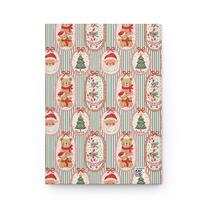 Vintage Santa and Teddy Bear Hardcover Notebook, Green Stripe Christmas Lined Journal, Cute Holiday Stationery Gift