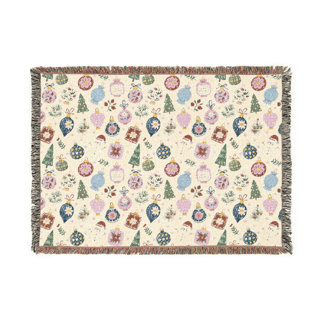 Christmas Ornament Woven Blanket, Pink Blue Holiday Cotton Throw, Snowman and Bauble Sofa Decor