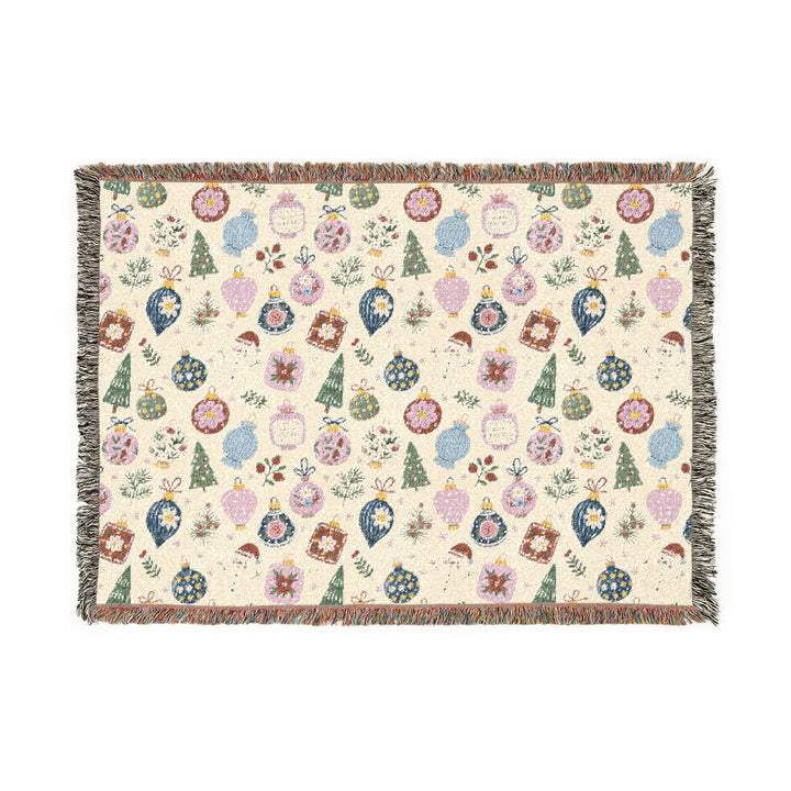 Christmas Ornament Woven Blanket, Pink Blue Holiday Cotton Throw, Snowman and Bauble Sofa Decor