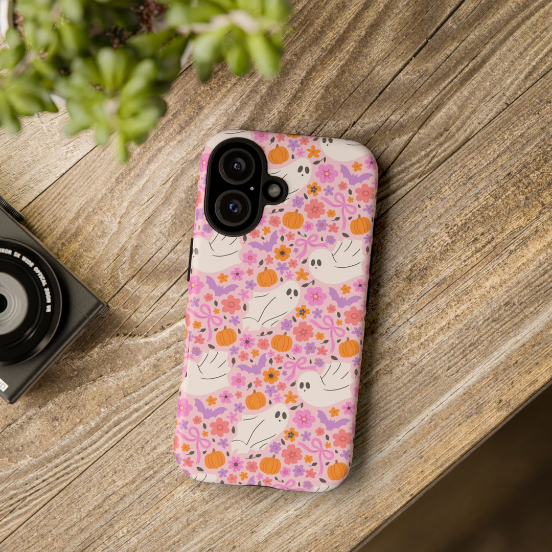 Pink Floral Ghost Tough iPhone Case, Cute Halloween Pumpkin Bat Phone Cover, Matte or Glossy