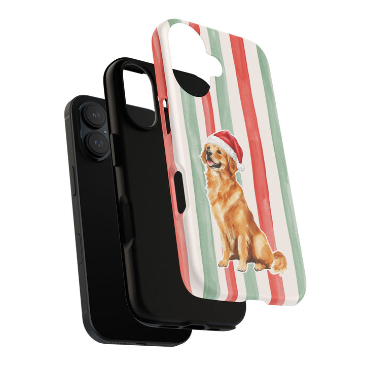 Golden Retriever Christmas Tough iPhone Case, Red Sage Stripes, Santa Dog Phone Cover