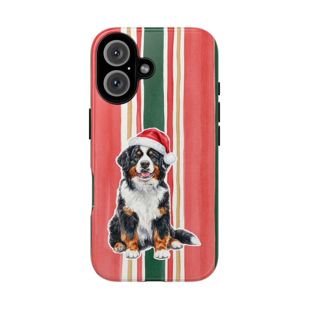 Bernese Mountain Dog Christmas Tough iPhone Case, Classic Red Green Stripes, Santa Dog Phone Cover