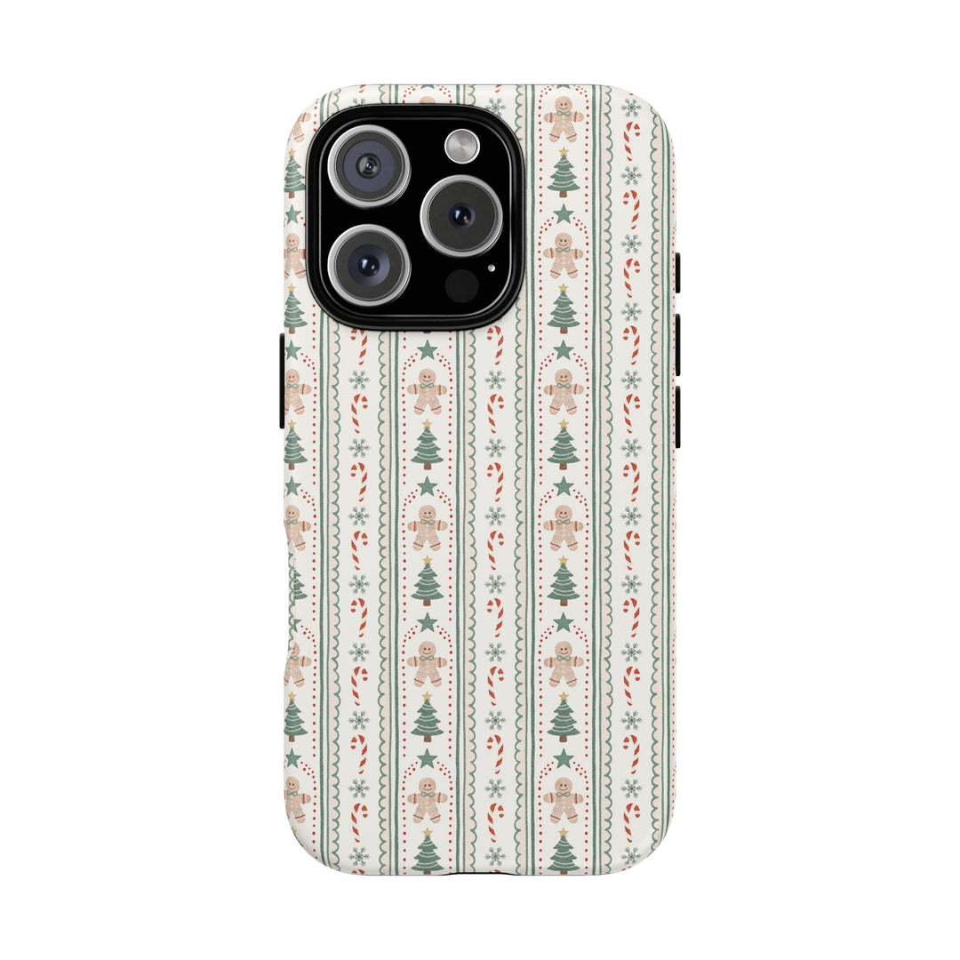 Gingerbread Stripe Tough iPhone Case, Sage Green Christmas Tree Holiday Phone Cover, Matte or Glossy