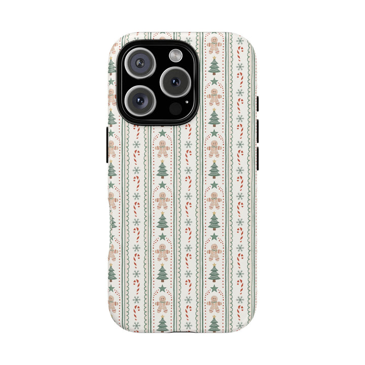 Gingerbread Stripe Tough iPhone Case, Sage Green Christmas Tree Holiday Phone Cover, Matte or Glossy